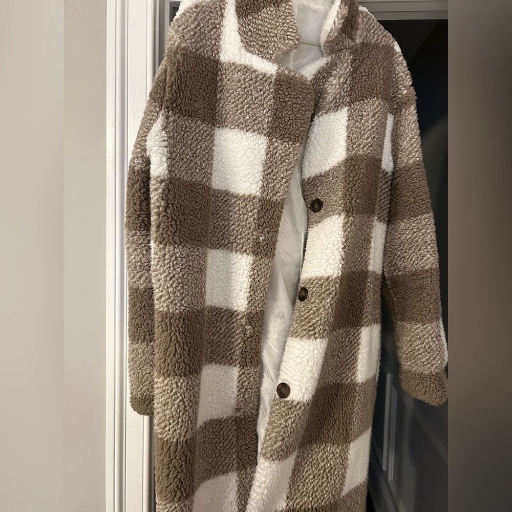 Checkered long fuzzy coat
